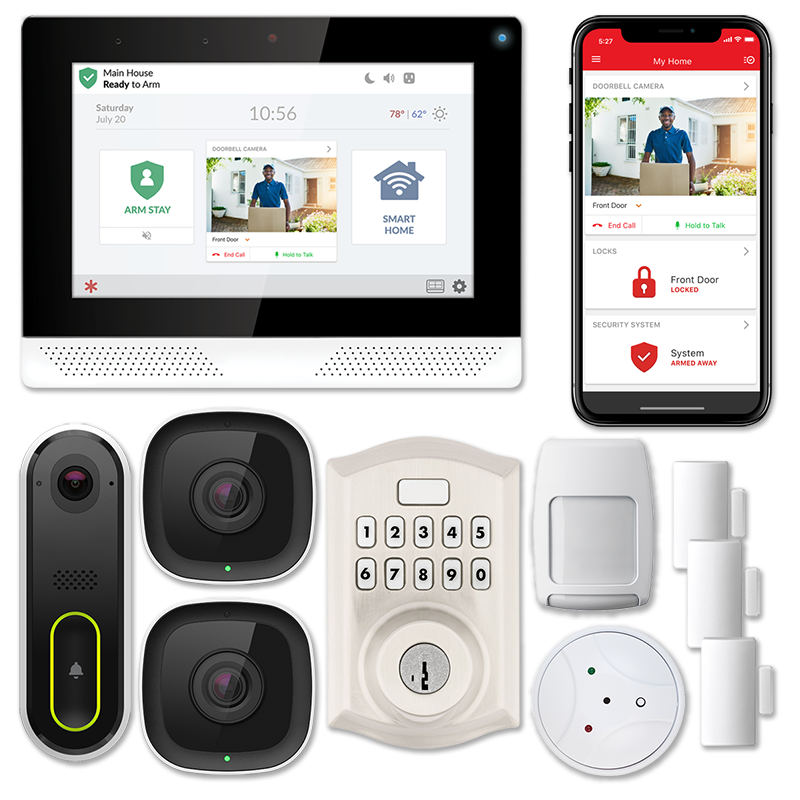 A selection of technologies employed in a complete home security system, including security cameras, a smart lock, and phone and tablet apps.